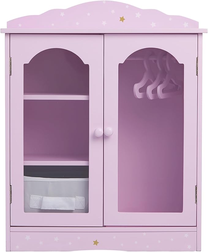 Olivia's Little World Twinkle Stars 18" Doll Closet with 3 Hangers, Shelves, & Canvas Bin, Doll Closet Storage for Accessories & Clothes, Purple