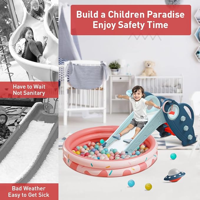 Onasti Kids Slide for Toddlers Age 1-3 Indoor Baby Plastic Slide Outdoor Climber Freestanding Playset with Basketball Hoop & Ring Game Blue