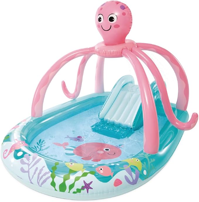 INTEX Friendly Octopus Inflatable Kiddie Pool: Inflatable Kids Pool with Water Sprayer and Slide – Splash Pad – 92" x 72" x 59" – Ages 3+