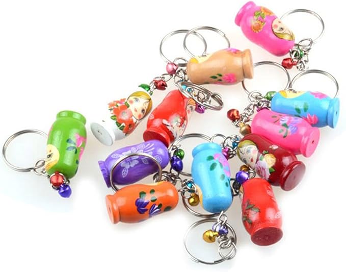 Toyvian 12PCS Nesting Dolls Key Chains Wood Matryoshka Russian Dolls Key Rings Charms