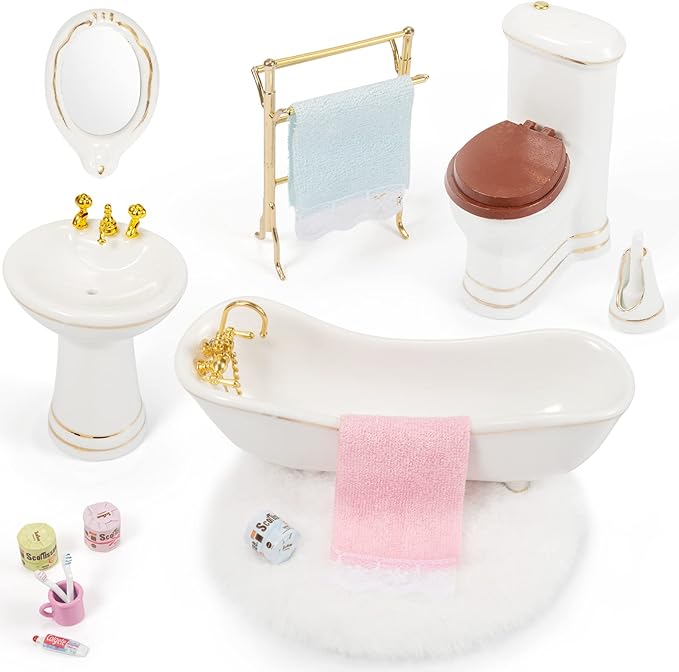 SAMCAMI Ceramic Dollhouse Furniture 1 12 Scale - Doll House Furniture Toys for Dollhouse Bathroom - Miniature Furniture Incl Toilet, Bathtub, Washbasin, Fluffy Carpet and Other Dollhouse Accessories