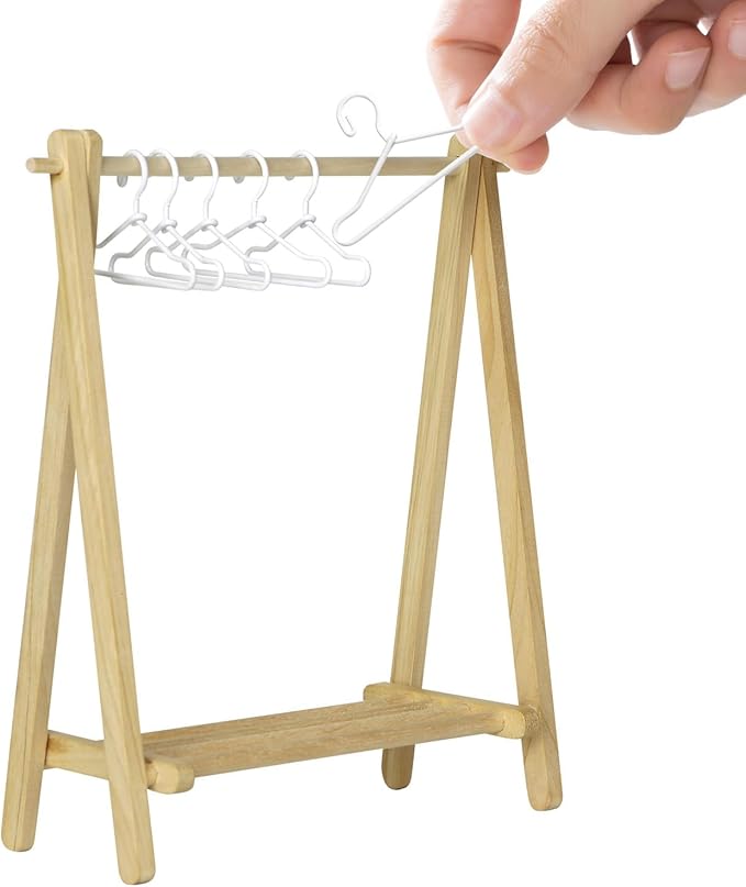 ILAND 1/12 Scale Accessories Dollhouse Miniature Rack w/ 6 Mini Hangers, Plant Hanger for Living Room, Bathroom, Bedroom (1 Foldable Rack w/ 6 Mini Hangers)