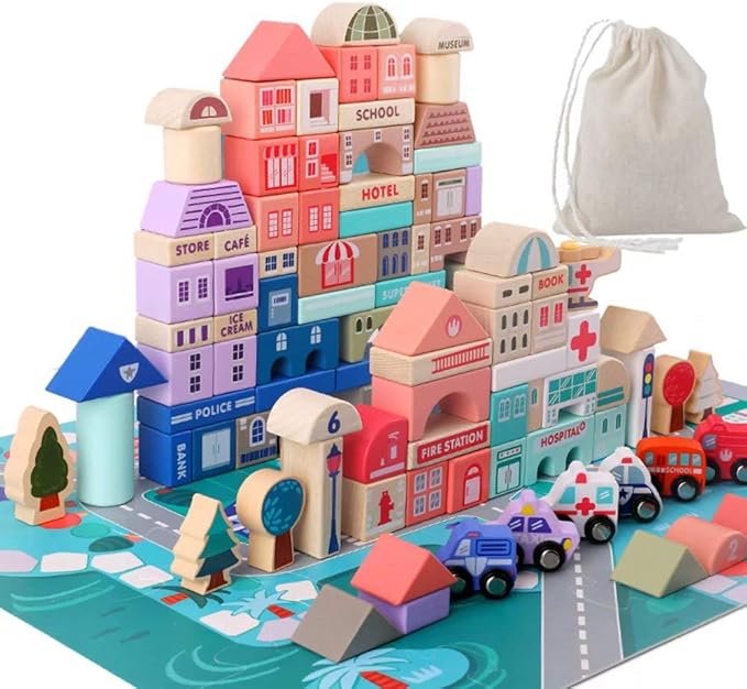 Migargle Wooden Building Blocks Set, City Construction Stacker Stacking Preschool Learning Educational Toys, Toddler Toys for 3+ Year Old Boy and Girl Gifts