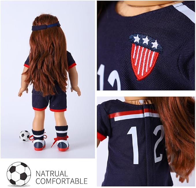 18-inch Girl Doll Clothes Accessories - Team USA 6 Piece Soccer Uniform Clothing Includes Headband,Shirt,Shorts, Socks,Shoes and Football Fits 18" Dolls