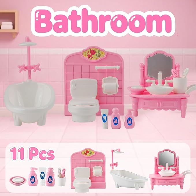 46Pcs Dollhouse Furniture Accessories Set Mini House Furniture Small Dollhouse Miniature Furniture Pretend Play House 1:12 Mini Kitchen Bedroom Livingroom Bathroom Tiny Toy Boy Girl Kid Toddler