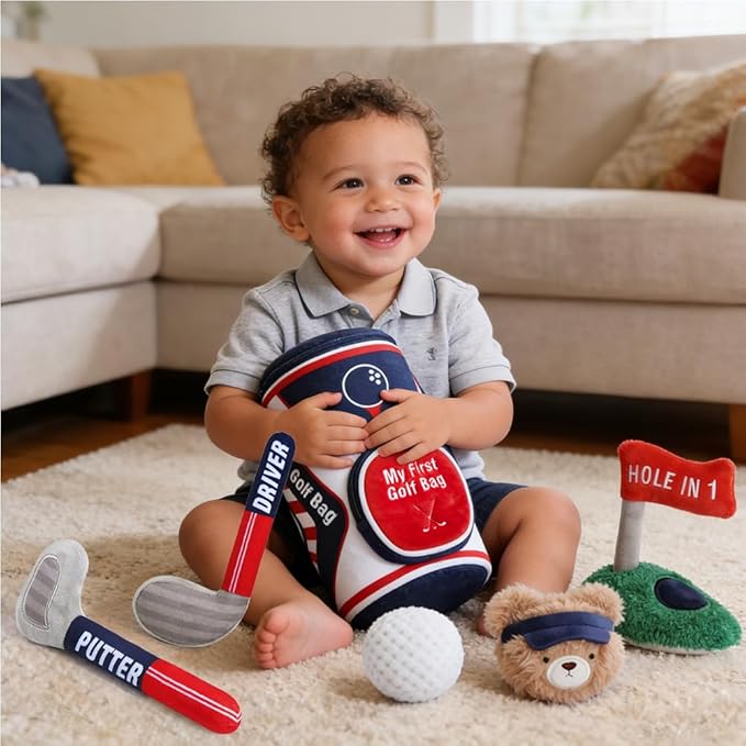 teytoy My First Baby Golf Bag Gift Set, 6 Pcs Baby Golf Toy Sensory Play Set with Plush Club, Ball, Bag, Bear, Fun Birthday Gift for Babies Infants Toddlers