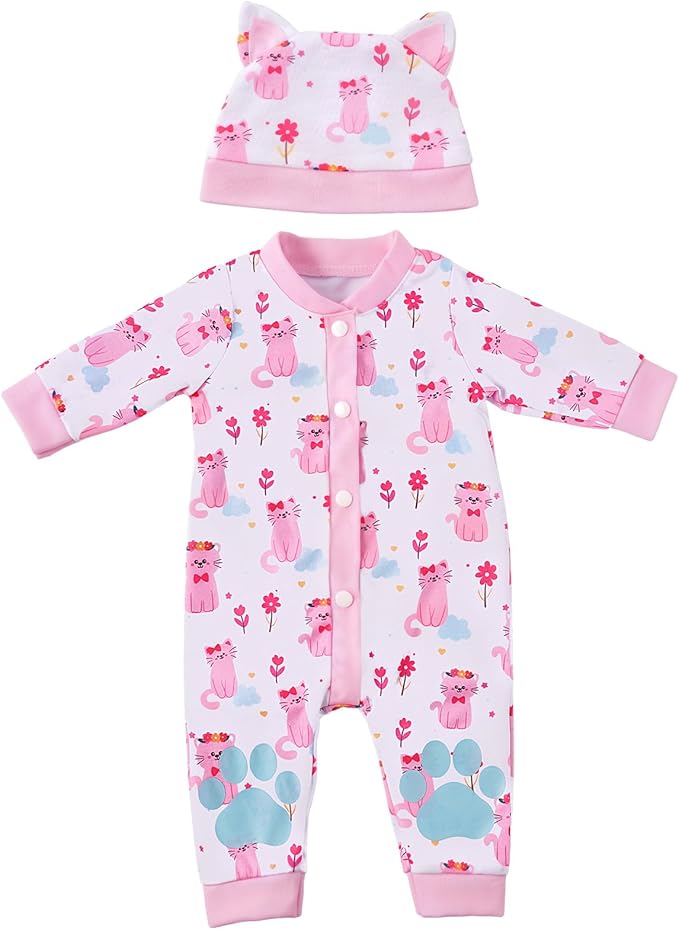 BABESIDE 2 Pcs Reborn Babys Doll Clothes for 17-22 Inch Baby Dolls, Pink Cat Pattern Reborn Baby Dolls Accessories Set with Hat, for Reborn Doll Girls Boys (Dolls not Included)