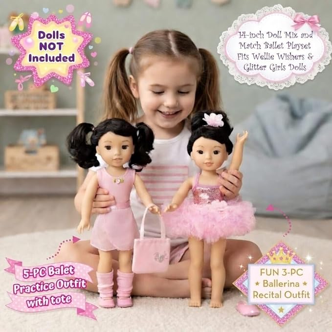 Emily Rose 14 Inch Fashion Doll Clothes 9-PC Ballet Essentials Bundle with Ballerina Practice Outfit & Sparkly Dance Recital Tutu | Halloween Costume for 14" Wellie Wishers Fashion Dolls