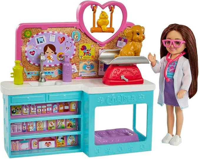 Barbie Chelsea Doll and Accessories, Pet Vet Playset with Doll, 4 Animals and 18 Pieces