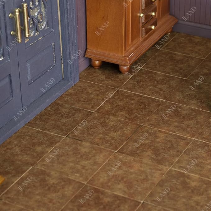 iLAND Dollhouse Flooring on 1/12 Scale 1/6 Scale, Miniature Dollhouse Accessories, 60pcs Double-Sided Dollhouse Floor Tiles (Advanced Classical Inlays & Marbling Pattern)