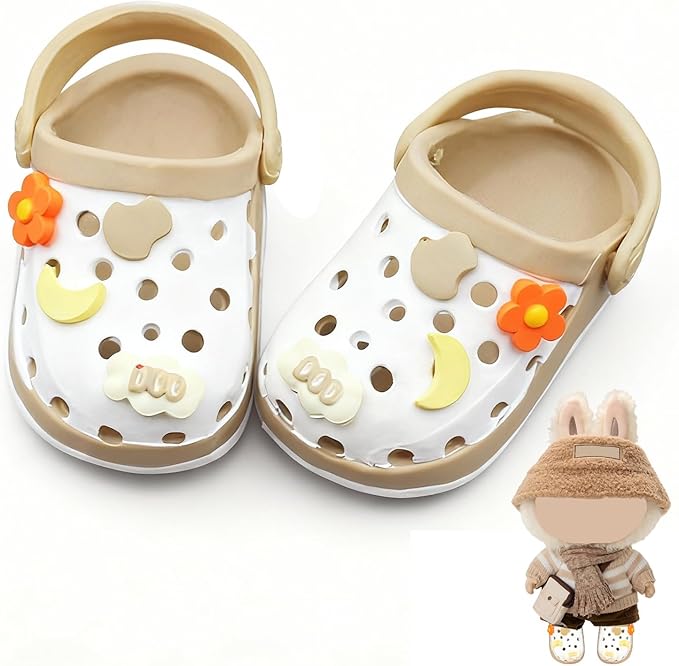 Doll Shoes,6.7in(17cm) Plastic Doll Dress up Shoes,Doll Decoration Accessories for Mini Clog Shoes with Cute Decoratives,Dual-Tone Oil Painting Design with Removable Ornament (Khaki)