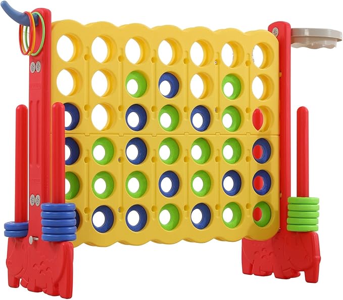 UNICOO Giant 4-in-a-Row Game with Carry Bag, 3-in-1 Jumbo 4-to-Score Outdoor Yard Game with Basketball Hoop, Ring Toss, Quick-Release Slider, 42 Rings, Family Party Game for Kids & Adults