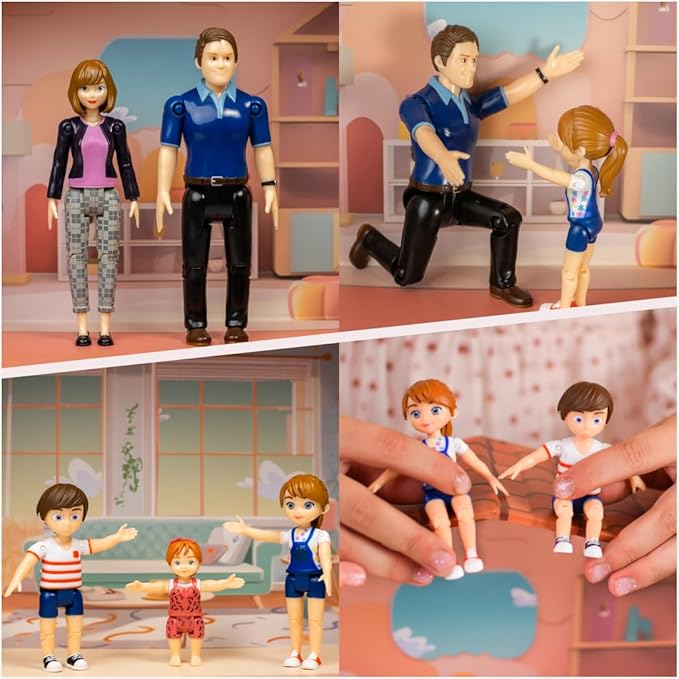 Family Dollhouse People - Bendable Doll House People Figures - 5 Poseable Action Figures Incl. Mom, Dad, Sister, Brother, & Toddler - Small Dolls for Doll-house Designed to Fit Standard Dollhouses