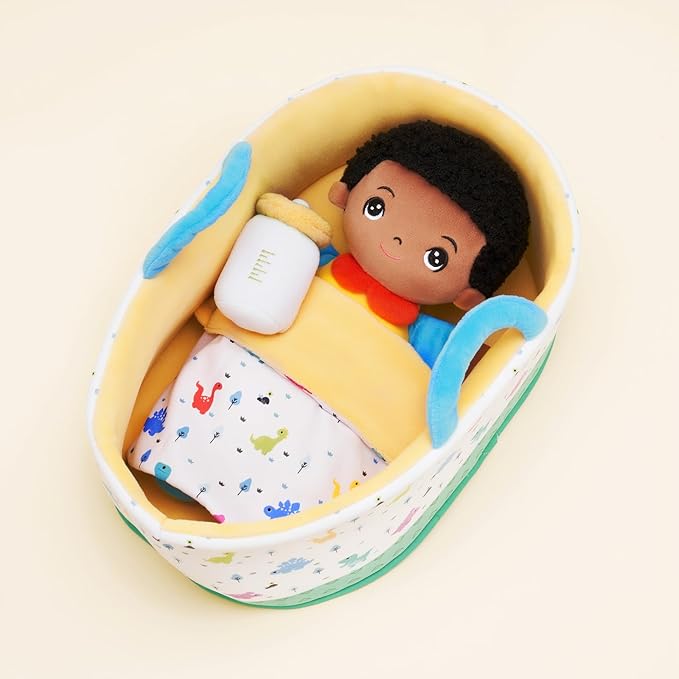 OUOZZZ 10" Soft Black Baby Boy Doll Set, Baby Doll Accessories Pretend Playset for Social Emotional Learning, Birthday Gift for 2 Year Olds Boy