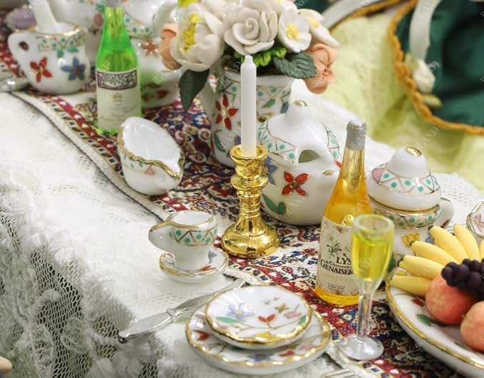 iLAND Dollhouse Accessories and Furniture Set, Tableware Set Dollhouse Dishes Mini Tea Cups Miniature Tea Sets Porcelain 1/12 Scale Accessories (Gorgeous)