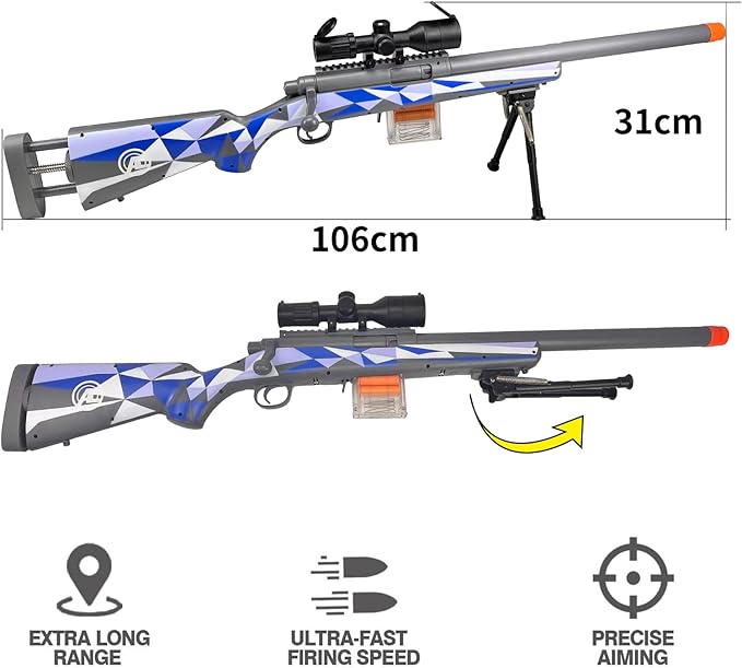 AGM MASTECH M24 Foam Blaster, Shell Ejecting, Safety Switch, Adjustable Stock 41.8 Inch, Fast Dart Loader, Scope, 40 Darts, 20 Casings, 2 Mags, Tactical Gear for Teens 14+ Adults(Blue)