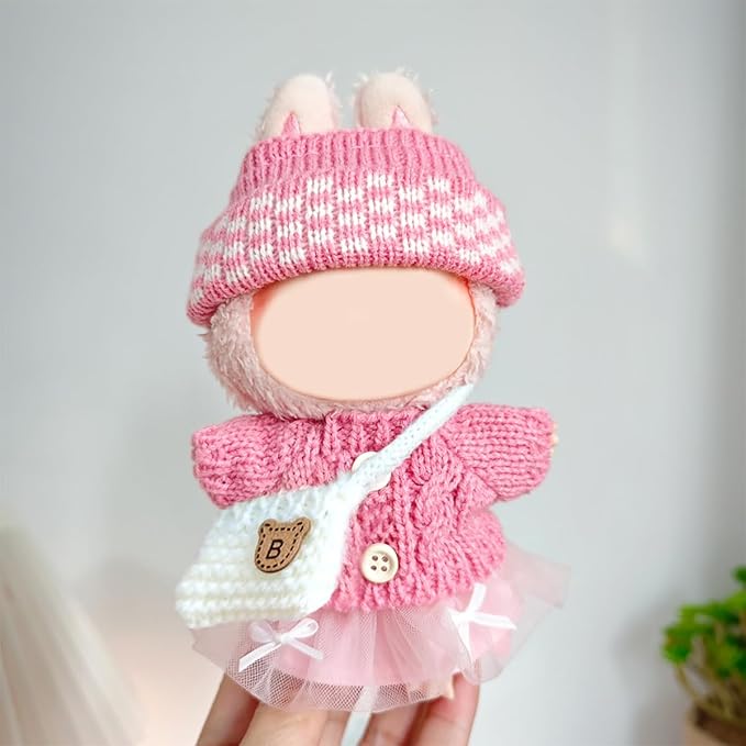 17cm Doll Clothes for Lububu,Outfits Set with Hand-Crocheted Pink Sweater, Hat, Skirt, Shoes and Bag, Designer Clothing and Accessories for Macarons Series Dolls Dress-Up(Pink Sweater Skirt)