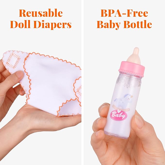 BABESIDE Baby Doll Accessories – 9 Pcs Feeding Set with Magic Bottles, Pacifiers, Bibs, Diapers & Carry Bag, Pretend Play Kit for 12–15 Inch Dolls