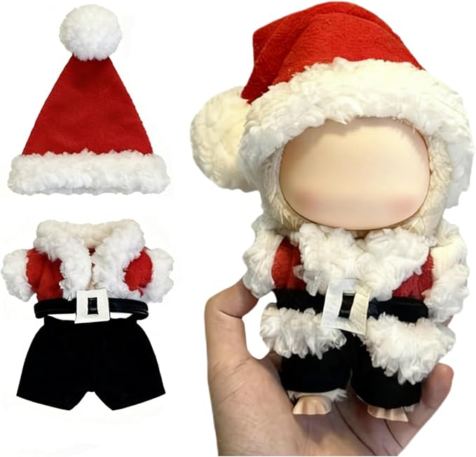 Christmas Clothes for LABUBU 17cm Doll (NO Doll) - 4 Set Handmade Crochet Holiday Outfit with Santa Hat, Top, Black Belt & Cute Pants Accessories (Santa Claus)