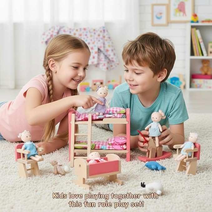 Wooden Dollhouse Bedroom Furniture: Doll Bunk Bed Rocking Horse Chair, DIY 1:12 Scale Miniature Doll House Decoration Accessories for Ages 3+ Role-Playing