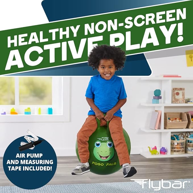 Flybar Hopper Ball for Kids, Inflatable Bouncy Ride-On Ball w/ Handle for Indoor & Outdoor Active Play, Includes Pump, Jump Ball Toy for Boys & Girls, Supports Up to 185 lbs, Ages 6+, 22-Inch, Medium