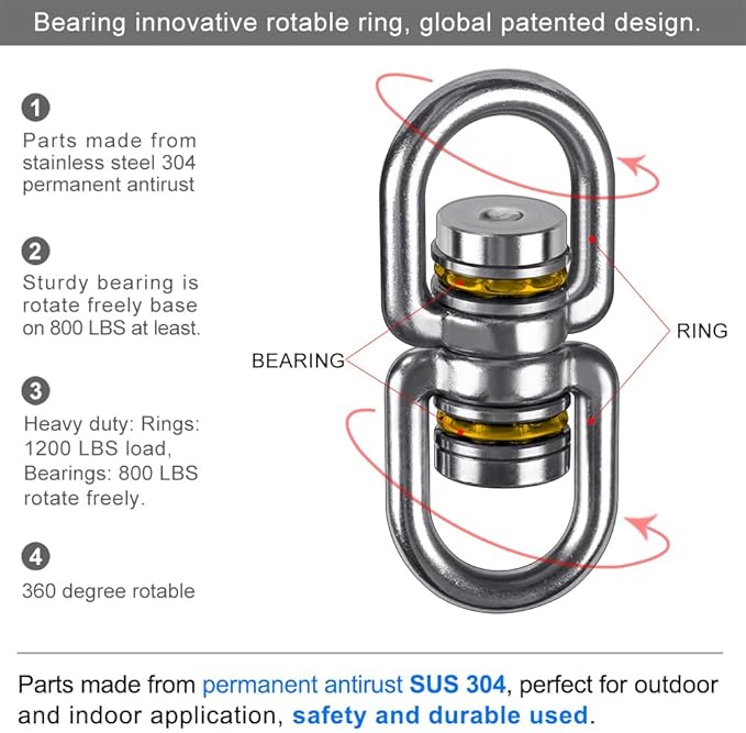 SELEWARE Heavy Duty Bearing Swing Swivel, 360° Rotational Hanging Accessory, Ideal for Tree Swing, Hammock Chair, Yoga, Kids Tire Swivel, Heavy Bag Swivel, 2 Pack, 1200LB Capacity