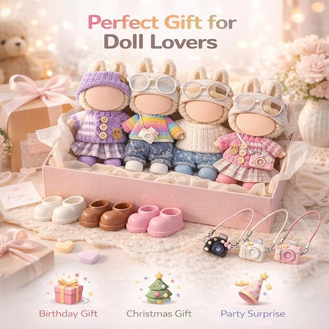 Ezcora 17cm Doll Clothes Outfit Set, 5 Cozy Knit Outfits with Hats, Skirts, Shorts and Doll Accessories, Perfect for Play and Display, Doll Accessories for Collectors (No Dolls)
