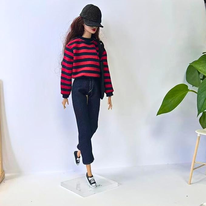 3-Piece Fashion Doll Outfit Set, Sweater with Denim Shorts and Shoes, 11.5 inch Doll or BJD (red Striped)