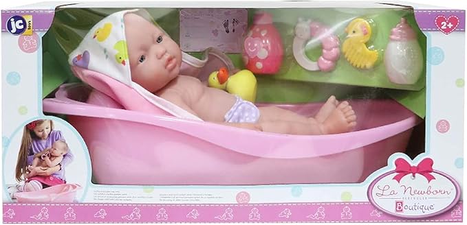 JC Toys - La Newborn | 10 piece Layette Deluxe Bathtub Gift Set | 12.5" Life-Like Vinyl Newborn Doll with Accessories | Pink | Waterproof | Ages 2+ (18370)
