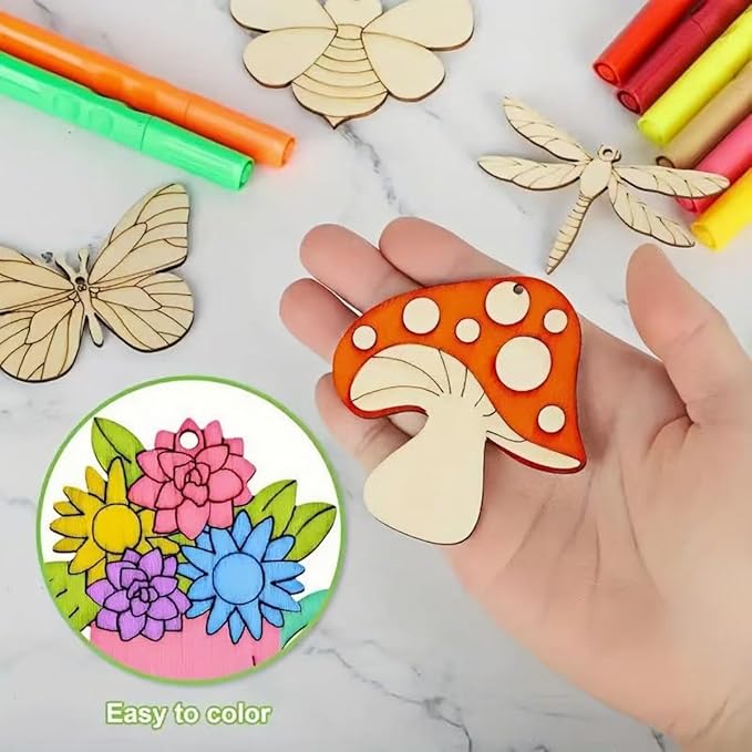 ShaoAngDuoMi 36PCS Paint Your Own Wooden Crafts Kit for Kids – DIY Plant & Insect Wood Shapes with Paint Pens & Stickers, Family Art Activity, Garden Tree Hanging Decorations, Creative Gift