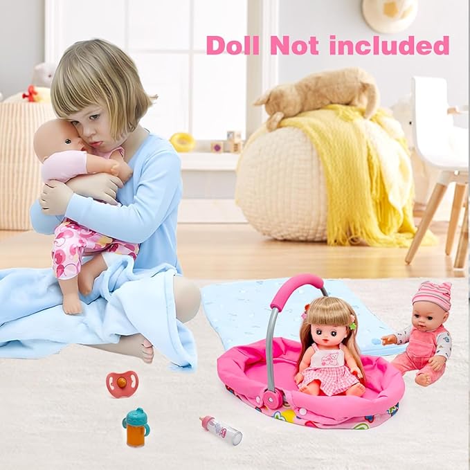 Baby Doll Accessories Bassinet Portable Carrier with Milk Bottle for 8-12 Inch Baby Doll Crib Set Cradle Sleeping Basket Bed Toys
