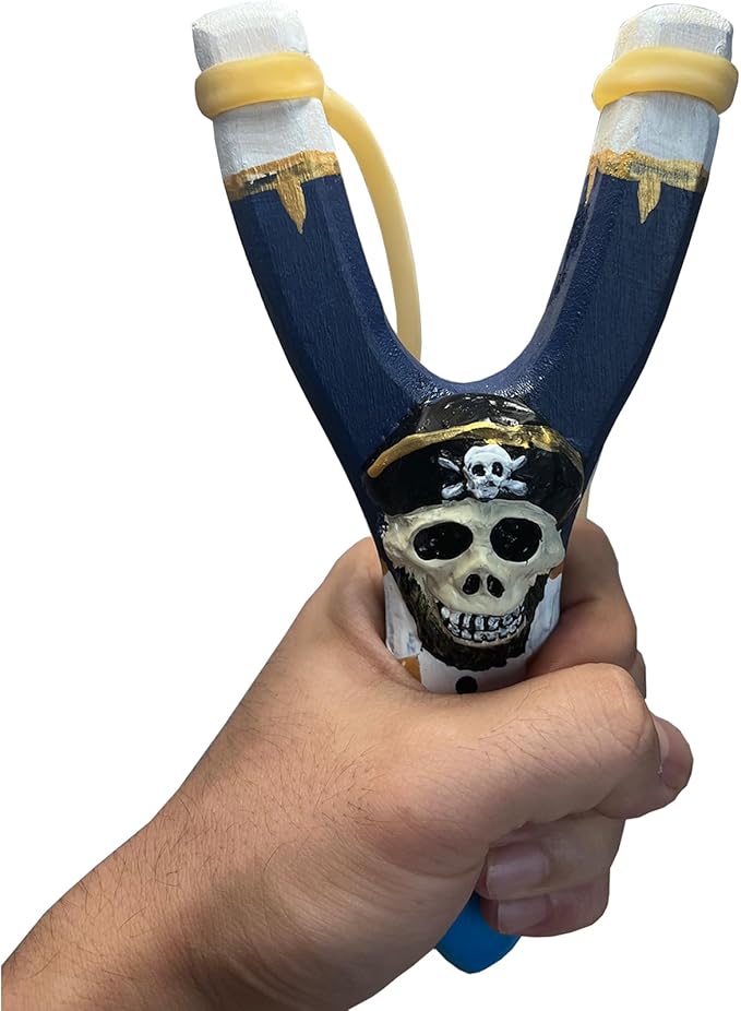 LINJAY Wooden Slingshot for Kids – Handmade Pirate Skull Toy with Extra Bands, Clay Balls & Soft Pom Poms for Outdoor Fun