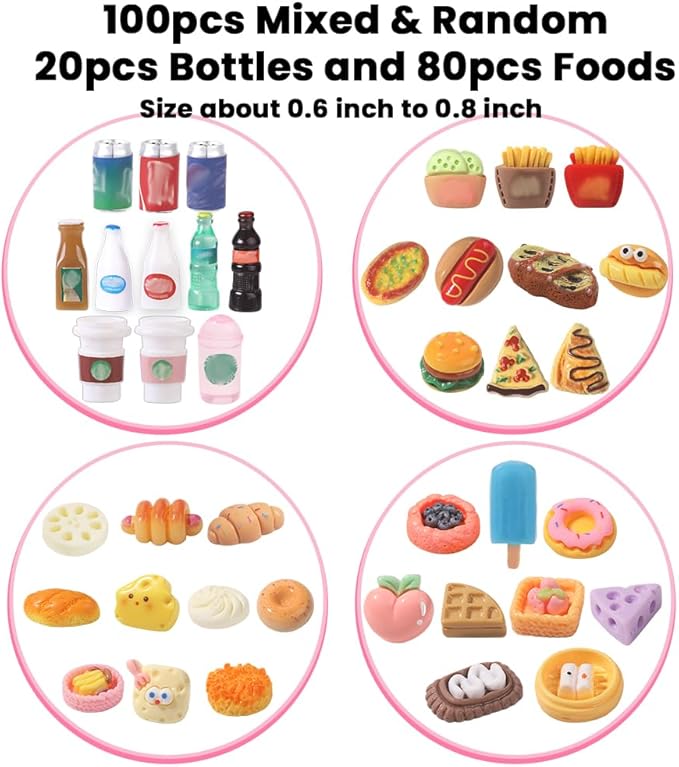 DULEFUN 100pcs Miniature Foods Drink Bottles Toys, Mixed Mini Resin Food Drinks Figures Pretend Play Kitchen Game Party Favor Toy for Dollhouse Accessories Decorations