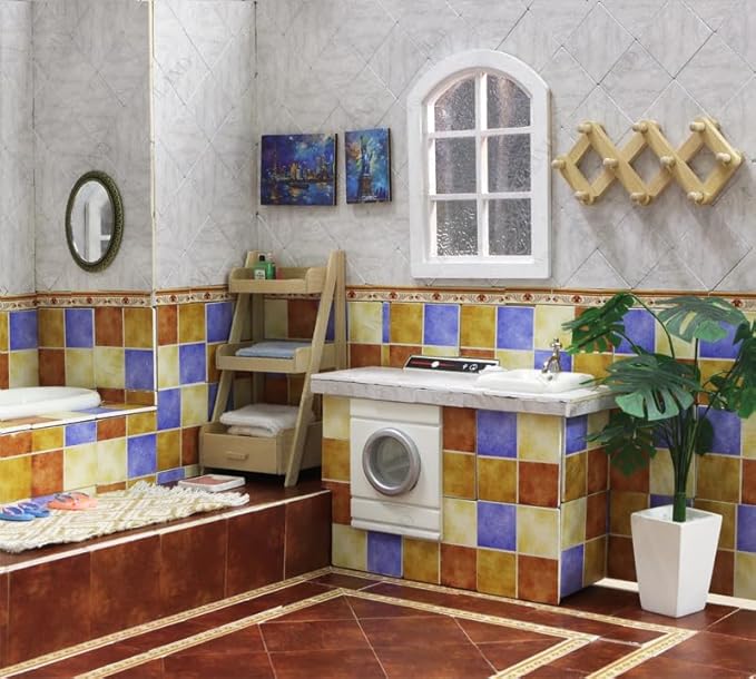 iLAND Miniature Dollhouse Accessories,60pcs Dollhouse Flooring on 1:12 Scale Color Patchwork Tiles (60pcs Mediterranean Style