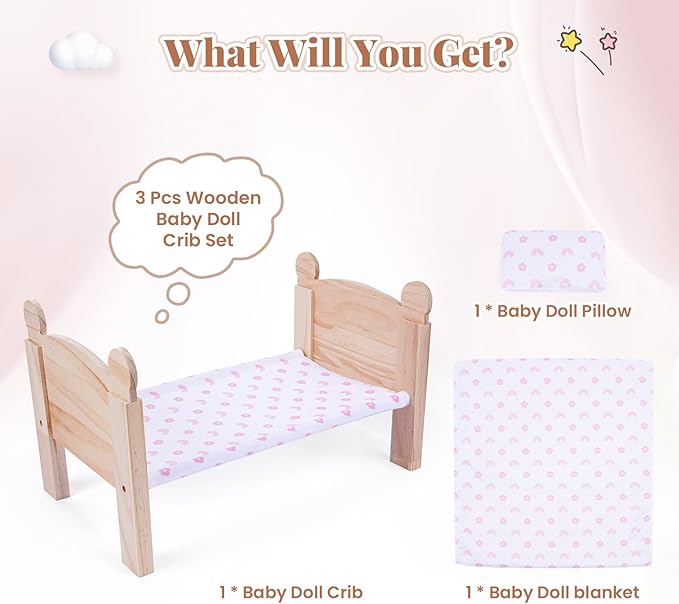 BABESIDE 3 Pcs Baby Doll Crib with Bedding Set for 12-16 Inch Babydolls, Wooden Dolls Furniture Doll Bed with Pillow and Blanket for Realistic Baby Doll Accessories (Doll Not Included)