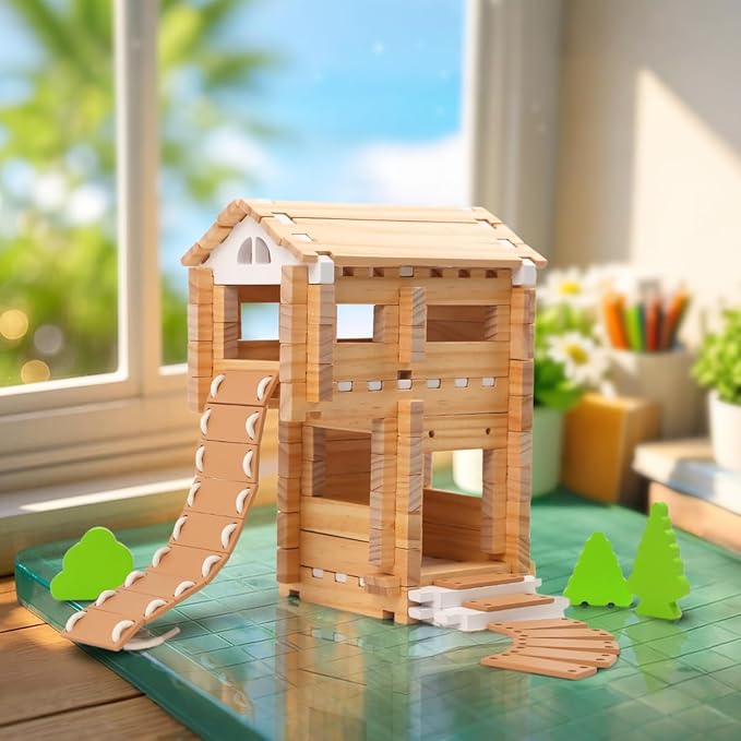 Jovi-mindly＆Notchies 96 PCS Wooden Blocks Wooden Toys with Storage Bag, Preschool Learning Toys Wood Blocks Building for Kids Ages 4-8 Creative Construction Game,FSC Certified,Easter Toys Gifts