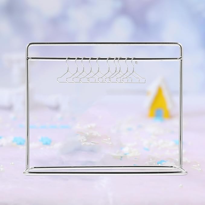 TOYANDONA Mini Clothes Rack for Dolls with 10 Miniature Metal Doll Clothes Hangers Doll Apparel Hanger and Clothing Rack for Dollhouse Accessories 5.90X4.72X2.16 Inch