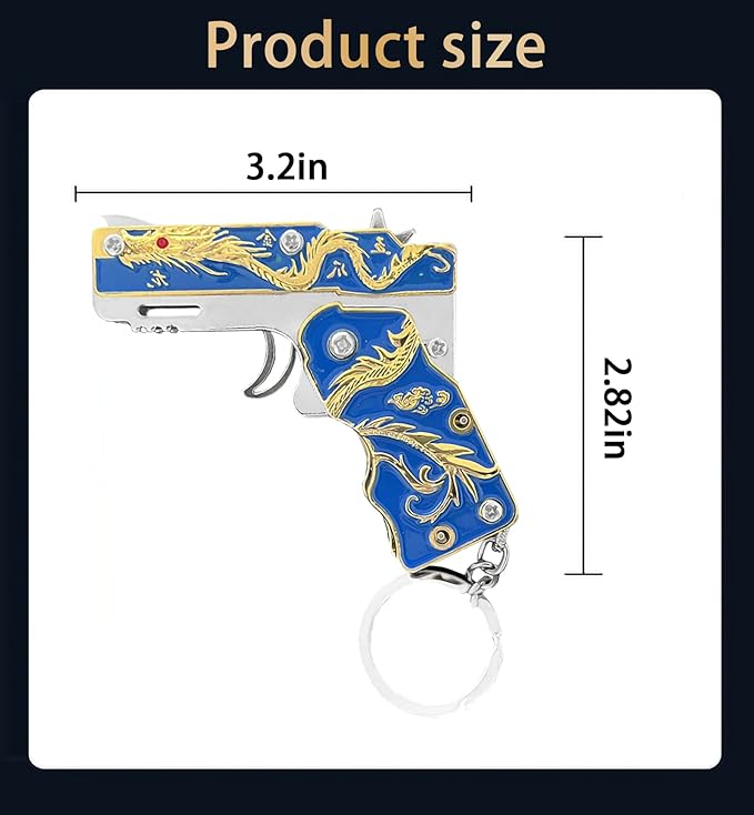Mini Golden Dragon Rubber Band toy gun Metal folding keychain Rubber band gun toy Novel and funny Creative Outdoor party gift (Blue Golden Dragon)