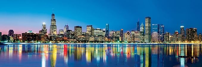 Masterpieces 1000 Piece Chicago Puzzle Panoramic Skyline Jigsaw, Windy City Landmark Design with Lake Michigan and Willis Tower, Premium Random Cut Puzzle Pieces, 13 x 39 Collectible Display Art Print