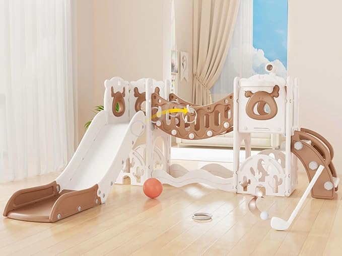 XJD Toddler Slide,11 in 1 Kids Slide for 1-3, Toddler Climbing Toys,New Upgrade with Golf Set, Basketball Hoop for Indoor Outdoor Playset (Brown White)