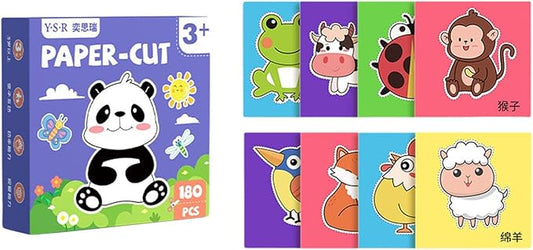 180 Pieces Paper Cutting Activity Set Craft Making Scissors Kit Art Painting DIY Project Material Paper Suitable for Children Boys, Animal Theme