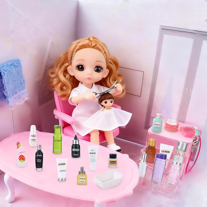 DIYDEC 75Pcs Dollhouse Mini Jewelry Storage Case Miniature Bathroom Accessories Figurines with Makeup Set Towel Cosmetic Toothbrush Shampoo Perfume Hair Dryer Comb Purse Doll Backpack Micro Scene
