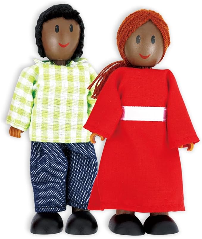 Hape African American Wooden Doll House Family| Dollhouse People Set of 6 Action Figure Set| Wire Adults: 4.3" H; Kids: 3.5" H