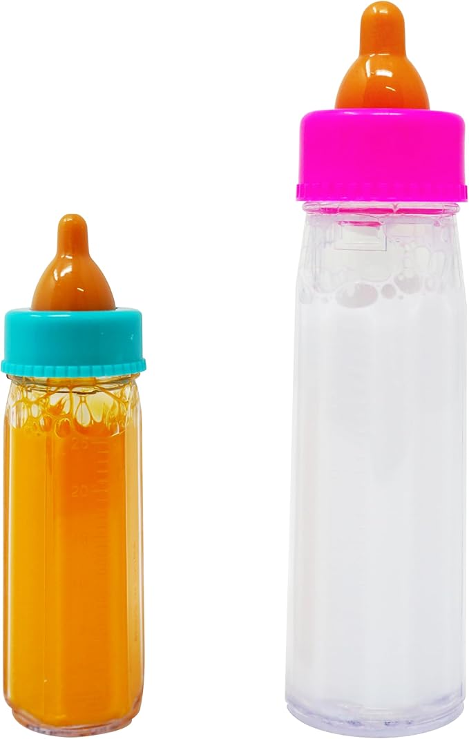 4E's Novelty 2 Pack Baby Doll Bottles Accessories, Magic Doll Disappearing Milk and Juice - Baby Doll Accessories Toys for Kids Toddlers, Stocking Stuffers for Little Girls Ages 3 4 5 6 7