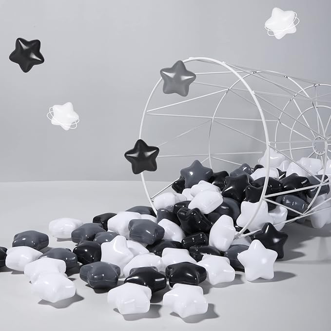 STARBOLO Baby Ball Pit Balls - 100pcs Star Balls for Ball Pit Plastic Ball Baby Play Ball Playhouse Playpen, Black/Gray/White Stars for Brithday Party Decoration.