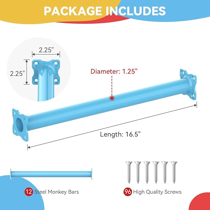 16.5 Inch Monkey Bars Kit Playground Monkey Bar Ladder Rungs for Backyard Indoor Outdoor Kids Metal Monkey Bars Swing Set Playset Accessories (Blue, 12 Pcs)