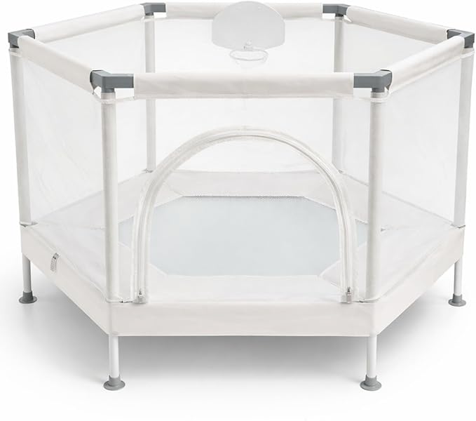 Kids Trampoline, Aesthetic Indoor and Outdoor Toddler Trampoline with Safety Net, Basketball Hoop, 220lb Capacity, Ultra Safe No-Gap Design, Gifts for Boys & Girls