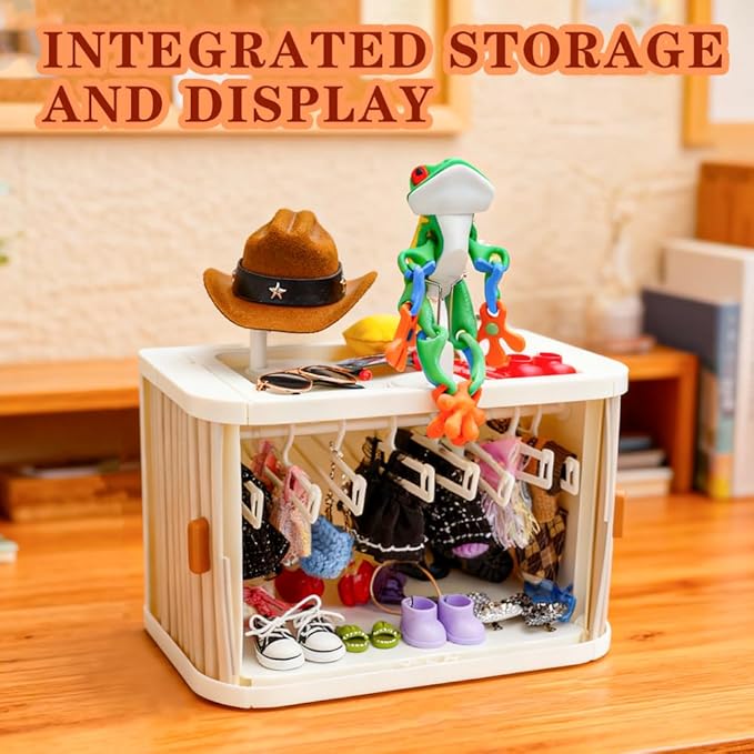 Foldable Doll Wardrobe Storage Compatible with Labubu - Complete Display Kit with 15 Hangers, Rod & 4 Stands - Sliding Door Organizer with Top Shelf