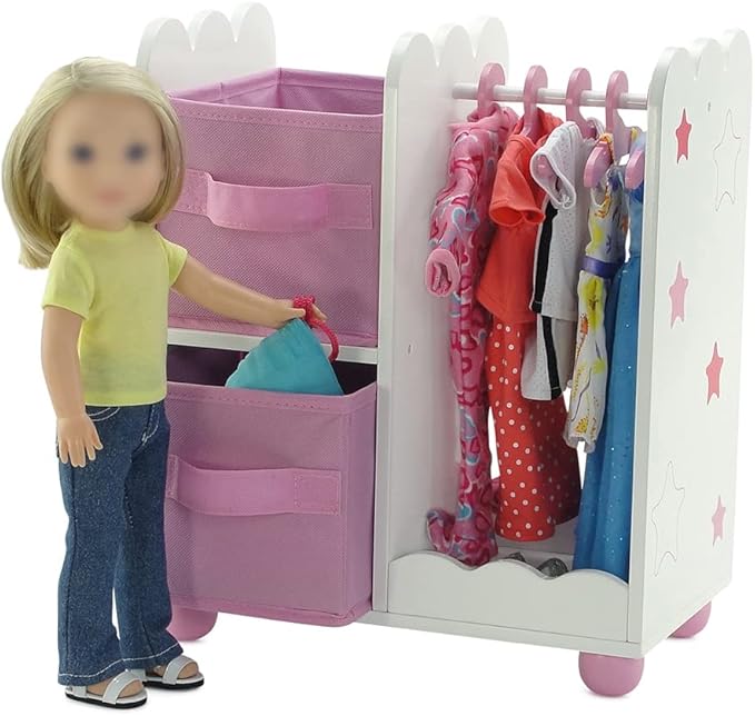 Emily Rose 14 Inch Doll Furniture - Open Wardrobe Closet with Hangers & Storage Bins - Wooden Organizer for Wellie Wishers, Glitter Girls & 14” Dolls
