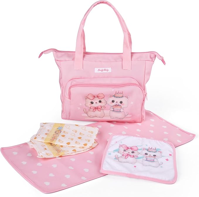 BABESIDE 5 Pcs Baby Doll Diaper Bag Set, Cute Cat Patterns Baby Doll Accessories with Pink Dolls Diaper Bag Changing Pad and Dolls Towel, Pretend Play Toys for Girls